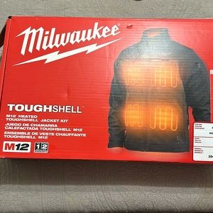 Large black Milwaukee heated coat with 2 batteries and charging cord